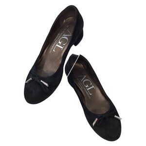AGL Kristin Bow Tie Black Suede Leather Pumps Block Heel  EU 35 US 5 Made Italy